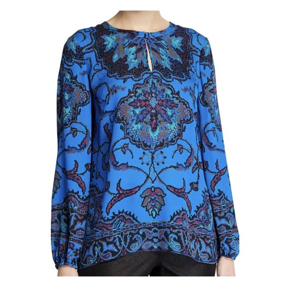 Kobi Halperin 100% Silk Womens SIZE SMALL Blue L/S Keyhole Crew-Neck Blouse Top - Picture 1 of 11